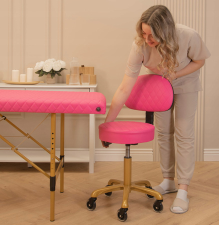 Pikowany taboret kosmetyczny płaski z oparciem RÓŻOWY- ZŁOTY