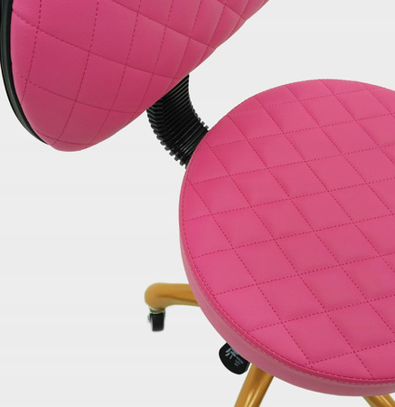 Pikowany taboret kosmetyczny płaski z oparciem RÓŻOWY- ZŁOTY
