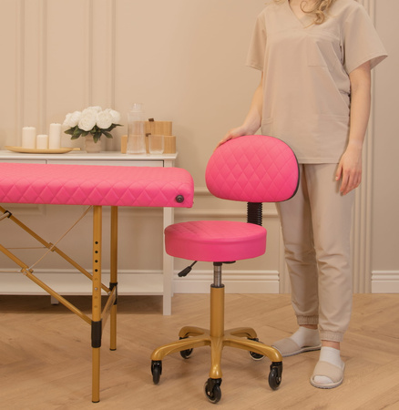Pikowany taboret kosmetyczny płaski z oparciem RÓŻOWY- ZŁOTY